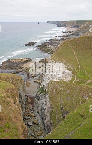 Tregardock Beach an der Atlantikküste Cornwalls, gesehen von einem Felsvorsprung über dem Crookmoyle Rock Stockfoto