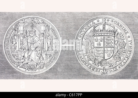 Große Siegel von Henry VIII von England angebracht, um Vertrag des Bündnisses von 1527 zwischen König Henry VIII und König Francis I von Frankreich Stockfoto