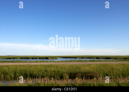 Fahrt entlang der Autobahn durch flache Feuchtgebiete North Dakota Usa zu öffnen Stockfoto