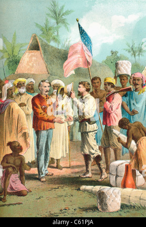 Stanley´s Treffen mit Livingstone 10. November 1871, in Ujiji in der Nähe von Lake Tanganjika, Tansania, Ostafrika. Stockfoto