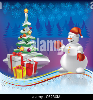Weihnachtsbaum mit Geschenken und Schneemann auf blauem Hintergrund Stockfoto