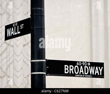 Wall Street und Broadway Street unterzeichnen in New York City Stockfoto