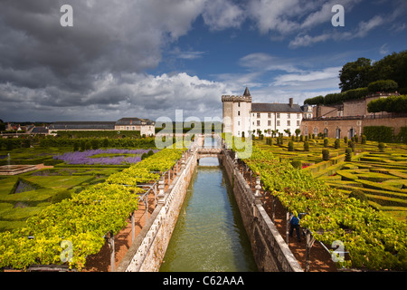 Blick über die wunderschönen Gärten des Schlosses Villandry in Frankreich. Stockfoto