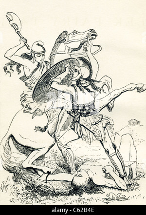 Ein griechischen Soldaten zu Fuß, ein Hoplite greift einen berittenen Krieger mit wilde Entschlossenheit nach anderen erschlagen. Stockfoto