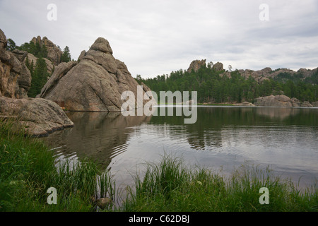 Granitfelsen und Bäume reflektieren im Sylvan Lake im Custer State Park Black Hills South Dakota, USA, hochauflösende Landschaft Stockfoto