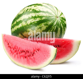 Wassermelone mit Scheiben isoliert auf weißem Hintergrund. Datei enthält einen Pfad zu schneiden. Stockfoto