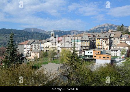 Blick über die Ortschaft Seyne, Seyne-les-Alpes oder Seyne les Alpes, Alpes-de-Haute-Provence, Frankreich Stockfoto