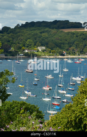 Blick durch die Bäume am Boote auf dem Fluss Fal, Falmouth Cornwall UK. Stockfoto