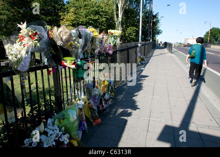 Blumen am Ort wo Mark Duggan durch die Polizei in Fähre Lane, Tottenham Hale, London gedreht wurde Stockfoto