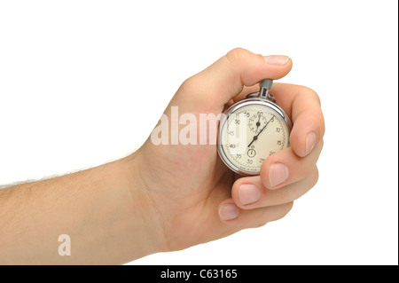 Die Hand des Mannes mit einer Stoppuhr. Es ist isoliert auf weißem Hintergrund Stockfoto