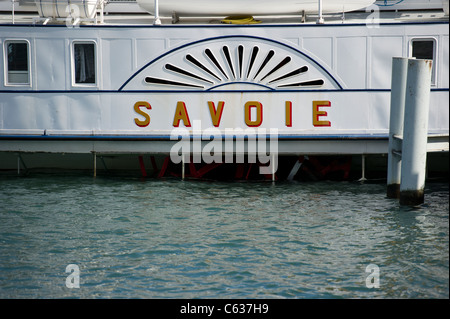 Eine Nahaufnahme von einem touristischen Raddampfer, Savoie, am Genfer See, Schweiz. Stockfoto