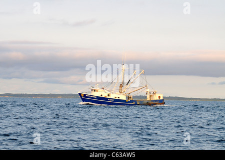 Backbordseite des blauen geschälten arbeiten Fischerboot vor der Küste von Cape Cod, USA. Stockfoto