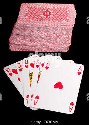 Eine royal Straight Flush Spielkarten Poker hand im Herzen Stockfoto