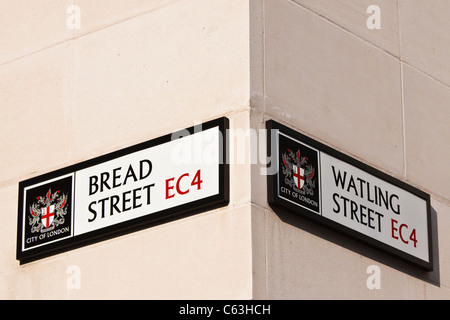 Watling Street & Bread Street EG4 Straße Zeichen Stockfoto