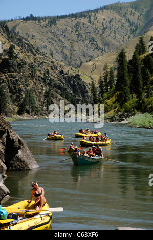 Schlauchboote Paddel, Ausrüstung, Boot, Dory und aufblasbaren Kajaks mit der O.A.R.S.-Gruppe am Main Salmon River in Idaho Stockfoto