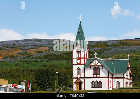 Die Dorfkirche, Husavik, Island Stockfoto