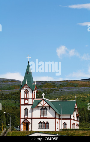 Die Dorfkirche, Husavik, Island Stockfoto