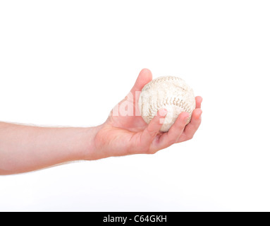 Nahaufnahme von eine Hand mit einem Baseball - isoliert auf weiss Stockfoto