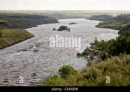 Wildwasser-Abflußkanal, flussabwärts, Black Eagle Falls und Damm, Great Falls, MT Stockfoto