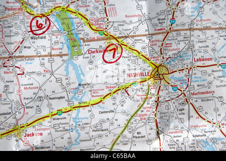 Straßenkarte von den Usa mit Route geplant, in Textmarker nach Nashville tennessee Stockfoto