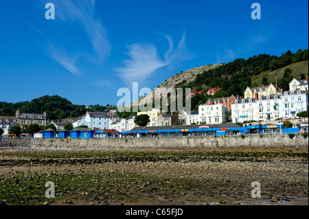 Blick vom Strand von Llandudno in Richtung der Great Orme mit dem Start von Llandudno Pier im Vordergrund Stockfoto