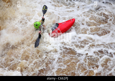 Kajakfahrer auf dem River Tees bei geringer Kraft obere Teesdale County Durham UK Stockfoto