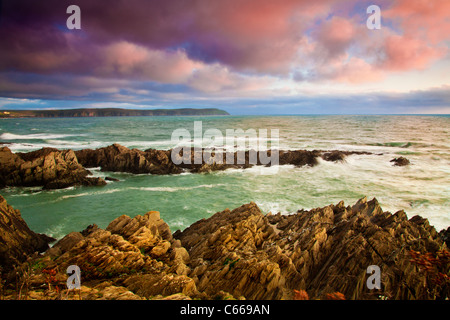 Abendlicht fällt auf den Felsen von Barricane Strand, Woolacombe, mit Blick in Richtung Baggy Point, North Devon, England, UK Stockfoto