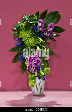 Zeitgenössische Blumenkunst, Pflanze, minimalistisches Pflanzendesign, Ikebana im Rikka-Stil, Komposition des Stilllebens, Wettbewerbsfähige Blumenarrangements, exzentrische Blumen in bunten Töpfen, besondere Elemente & abstrakte Exponate. Zen auf dem Southport Flower Show Showground 28., Victoria Park, 2011 Southport, Merseyside, Großbritannien Stockfoto