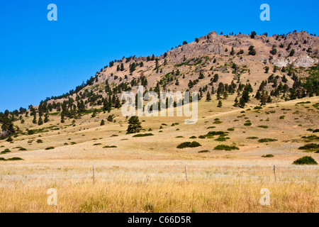 Grasland und zerklüftete Butten entlang der landschaftlich reizvollen US 287 in Montana zwischen Butte und Glacier National Park. Stockfoto