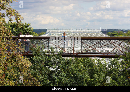 Kew gemäßigten House, der größten viktorianischen Eisen-Glas-Konstruktion in Europa mit der Xstrata Treetop Walkway im Vordergrund Stockfoto