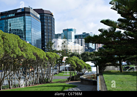 ANZ Bank Hochhaus Hochhaus in Lampton Kai mit Teil von Frank Kitts Park Wellington Nordinsel Neuseeland Stockfoto