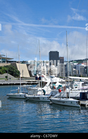 Hochsee Yachten Boote Motor und Crusiers im Chaffers Marina von Oriental Bay Wellington Nordinsel Neuseeland NZ festgemacht Stockfoto