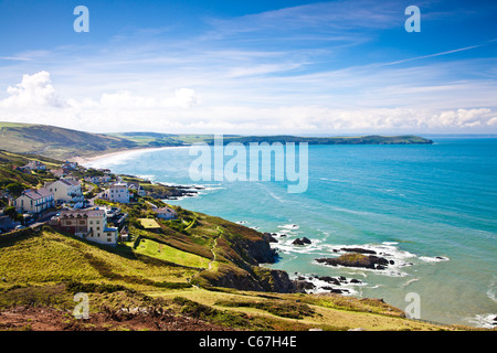 Blick über Woolacombe Bay in Richtung Baggy Point, North Devon, England, UK Stockfoto
