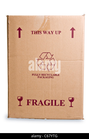 Ansicht der Schachtel aus Wellpappe mit Sicherheit und recyceln Informationen zu Stockfoto