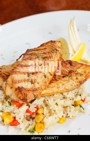 Fisch-Steak mit Reis Stockfoto