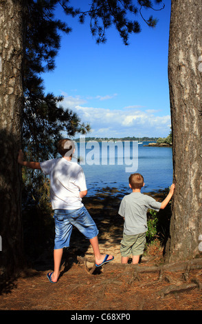 Jungen betrachten des Golfe du Morbihan und Ille Aux Moines aus Ile de Berder, Larmor-Baden, Morbihan, Bretagne, Frankreich Stockfoto