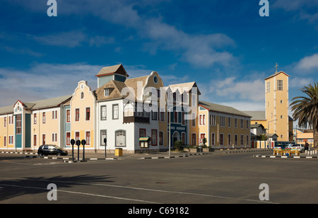 bunte historische Gebäude aus der deutschen Kolonialzeit, Swakopmund, Namibia, Afrika Stockfoto