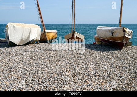 Der Strand von Bier, Devon, England mit Fischerbooten geschleppt, am Strand.  Einige Boote bieten Makrele Angeltouren. Stockfoto
