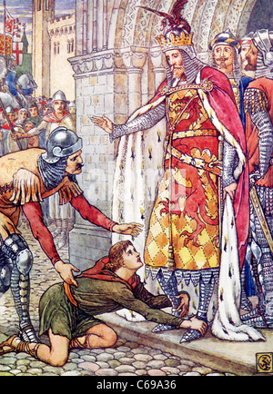 In Artus-Legende rettete die junge Seite Owen King Arthur vor Mitternacht Mord an der Hand des Bösen Sir Turquine. Stockfoto