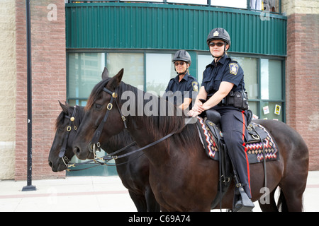 zwei weibliche Winnipeg-Polizisten auf dem Pferderücken in Winnipeg Manitoba Kanada Stockfoto