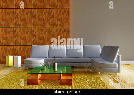 Drei dimensionale Innenraum mit Weinflasche auf Glastisch Stockfoto