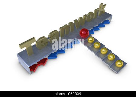 Teamarbeit-Wort geschrieben in Gold mit roten und goldenen Kugeln Stockfoto