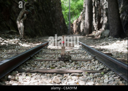 Erinnerung Holzkreuz und roter Mohn auf einem Abschnitt der Eisenbahn an der Hölle Feuer Pass Eisenbahn schneiden Kanchanaburi Thailand Stockfoto