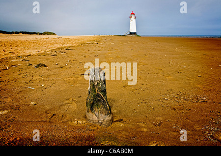 Ein aus Holz Baumstamm wirft aus dem Sand am Point of Ayr Leuchtturm am Strand von Talacre in Flintshire, Nordwales Stockfoto