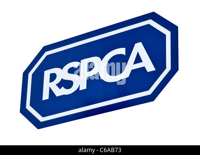 RSPCA Zeichen ausgeschnitten, UK. Blick von der Vorderseite. Nahaufnahme (Makro) Stockfoto