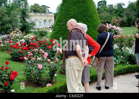 Park Bagatelle, Paris, Frankreich, Kaukasische senior Paar an Rosen im Garten Stockfoto