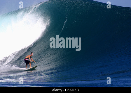 Surfer reiten eine große Welle an G-Land. Ach Purwo National Park, Grajagan Bucht, Ost-Java, Java, Indonesien, Süd-Ost-Asien, Asien Stockfoto