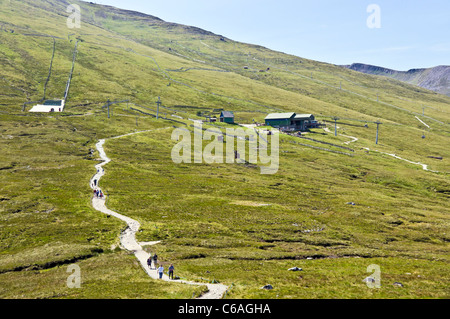 Zu Fuß auf Weg zum Aussichtspunkt Sgurr Finnisg-Aig auf Aonach Mor mit Bergstation Besucherzentrum auf Nevis Range in der Nähe von Fort William Stockfoto