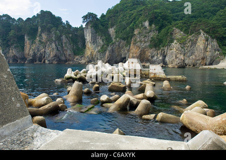 Ein kleiner Fischerhafen in Iwate mit typischen Tsunami-Schäden an der Mole Stockfoto