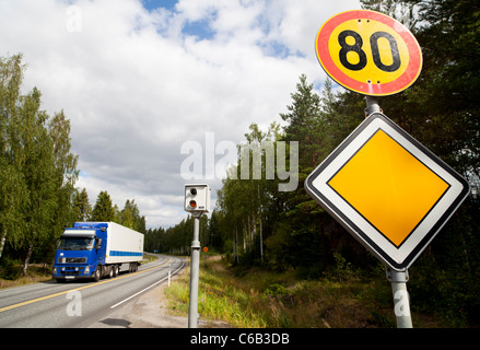 Radarkameras und Verkehrsschilder mit Geschwindigkeitsbegrenzungen in Finnland Stockfoto